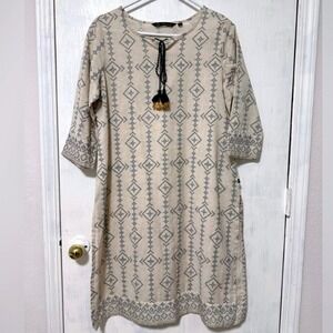 Avaasa Women's Size L Beige Blue Geometric Print Tassel Tie Neck Tunic Dress